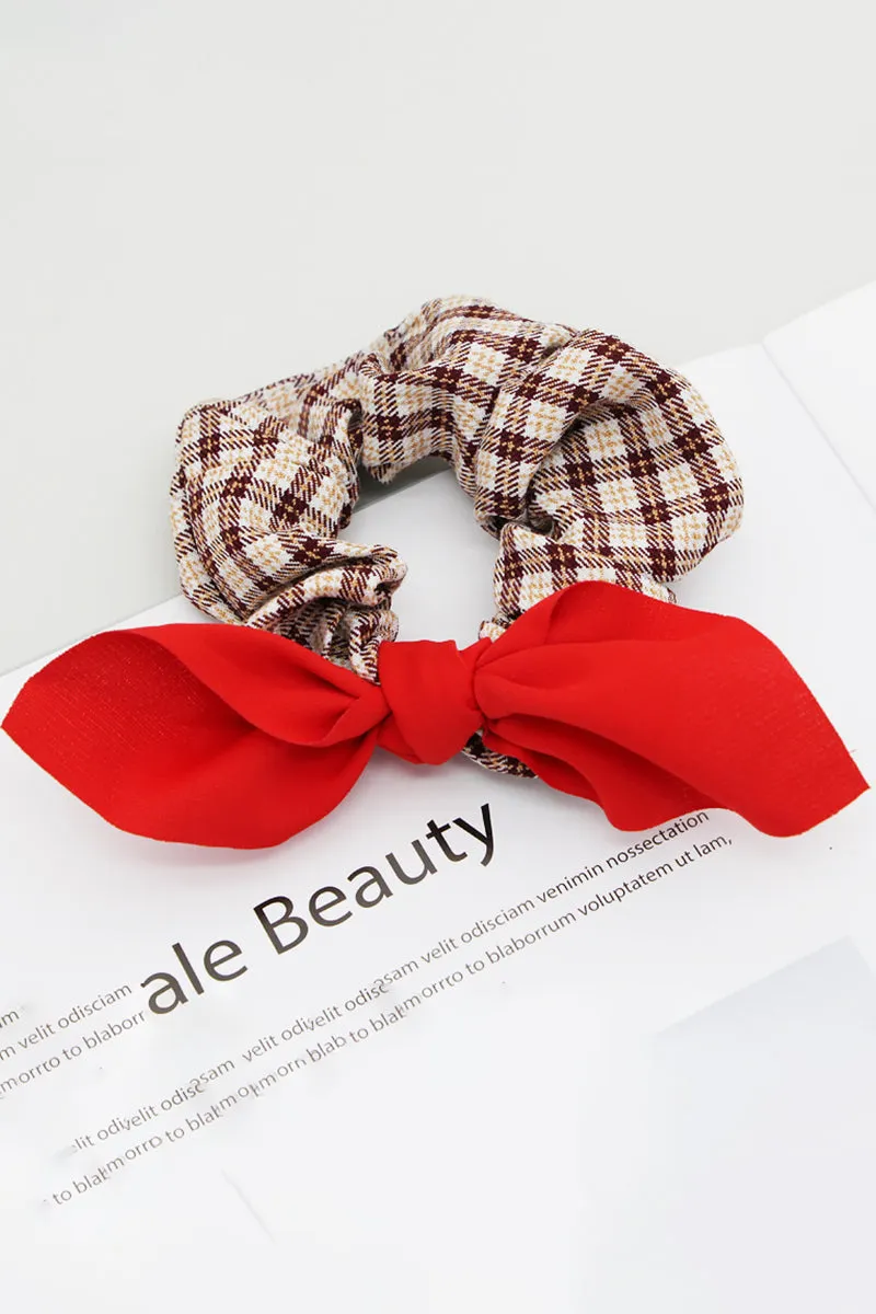 5PCS GINGHAM CLOTH BOW TIED SCRUNCHIE, 5PCS PER 1 PACK