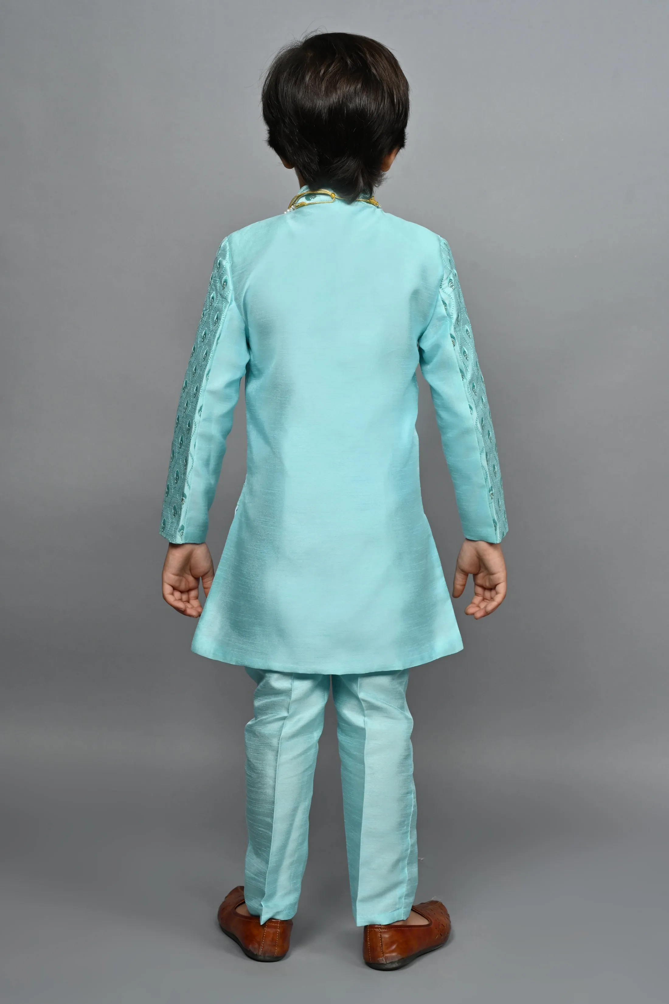 Ahhaaaa Kids Ethnic Silk Blend traditional Wear Sequin Print Indo-Western Sherwani Set For Boys