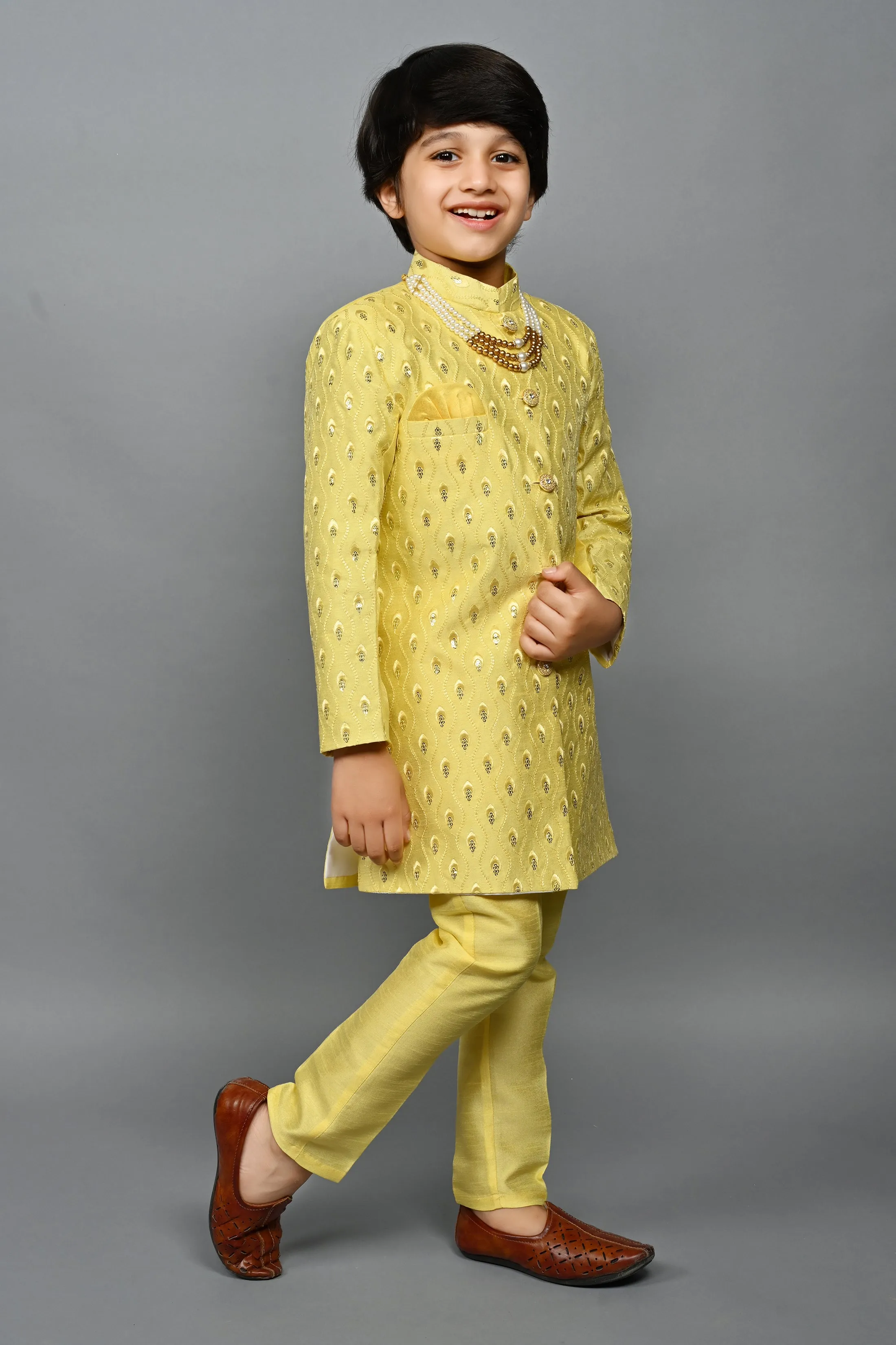 Ahhaaaa Kids Ethnic Silk Blend traditional Wear Sequin Print Indo-Western Sherwani Set For Boys