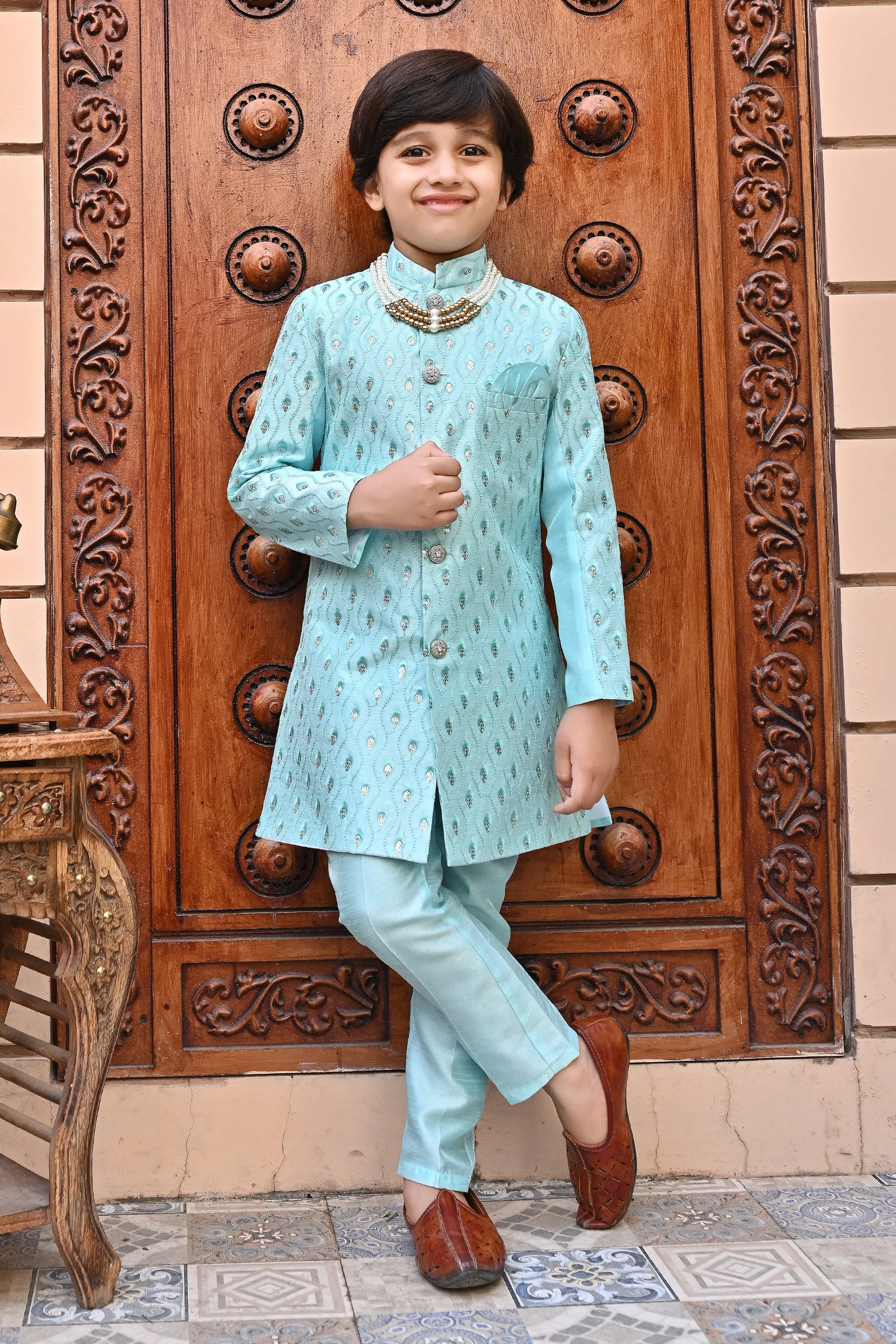 Ahhaaaa Kids Ethnic Silk Blend traditional Wear Sequin Print Indo-Western Sherwani Set For Boys