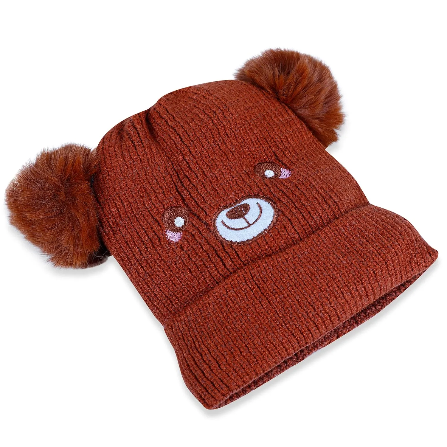 Baby Moo Bear Pom Pom Breathable Beanie Warm Knitted Woollen Cap - Brown