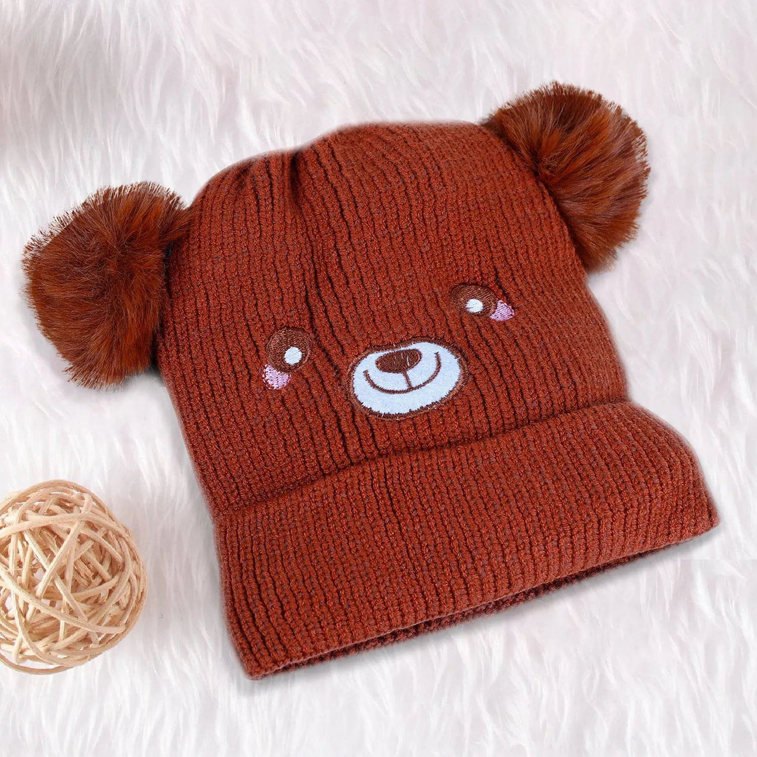 Baby Moo Bear Pom Pom Breathable Beanie Warm Knitted Woollen Cap - Brown