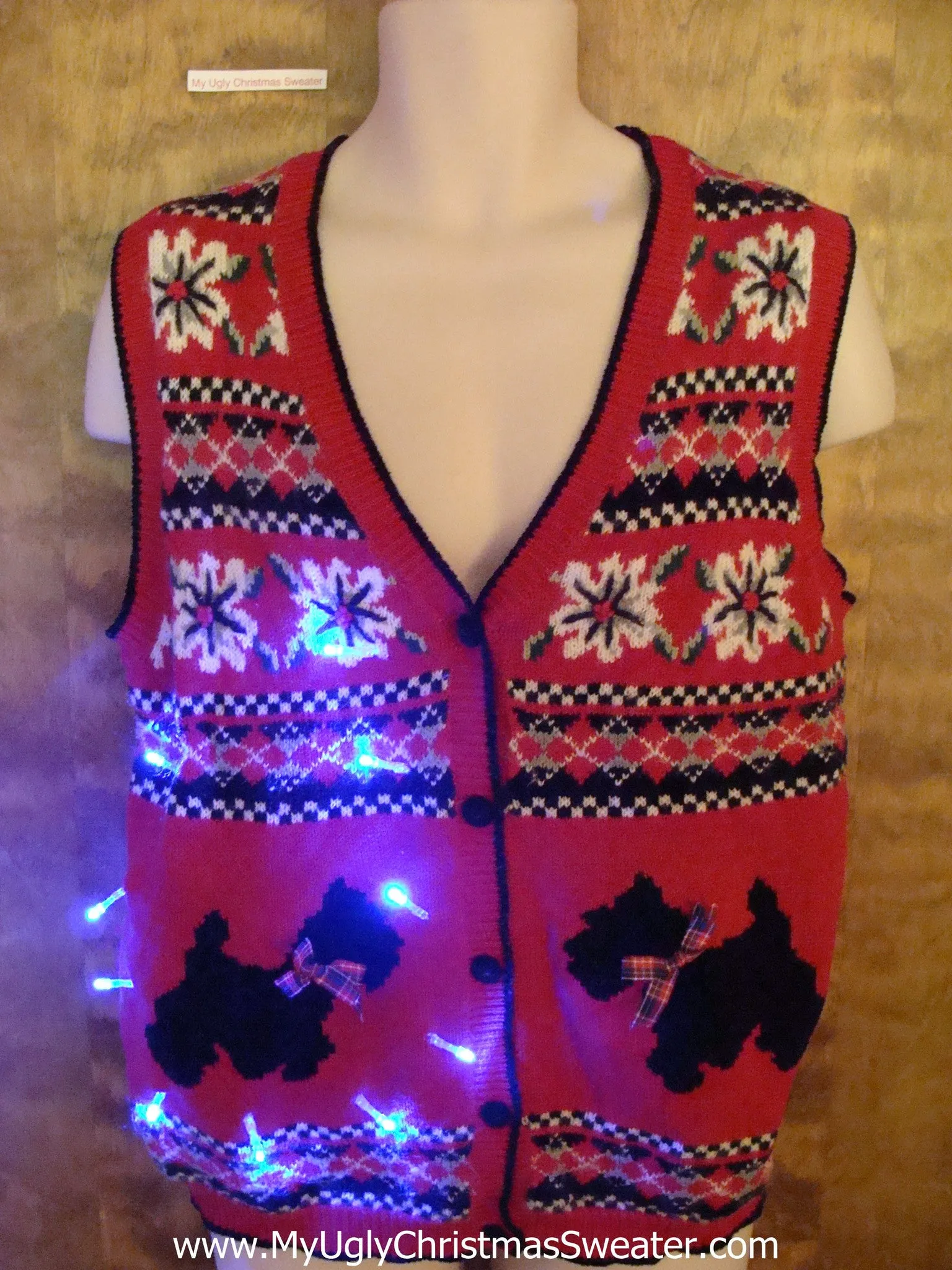 Black Scottie Dog Light Up Ugly Xmas Sweater Vest