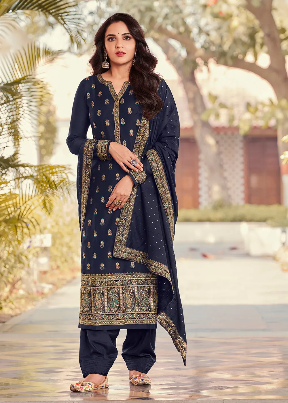 Blue Jacquard Embordered Festive Pant Salwar Suit