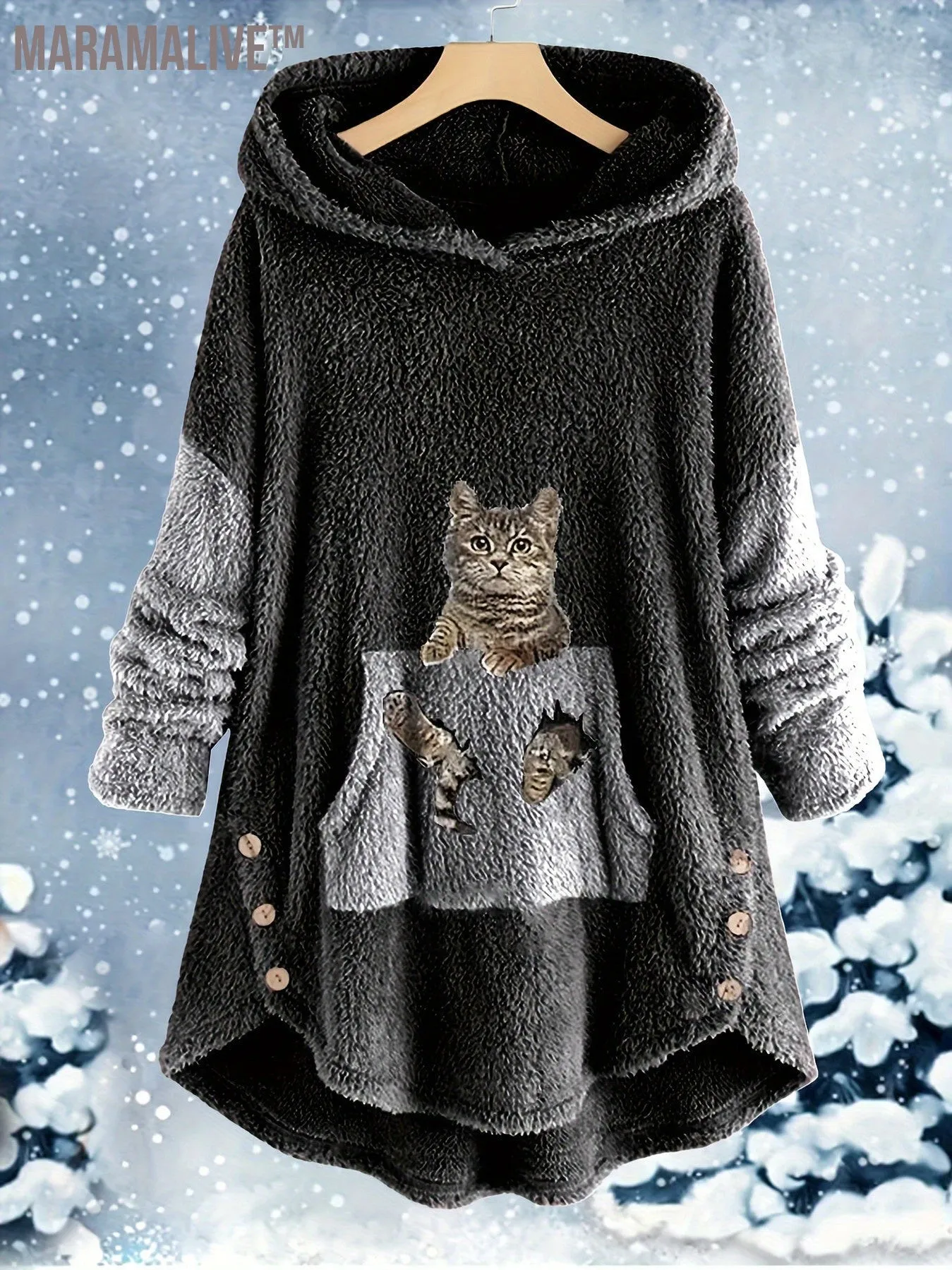 Casual Teddy Two-piece Set, Cute Cat Pattern Hooded Tops & Drawstring Warm Pants Outfits, Women's Clothing