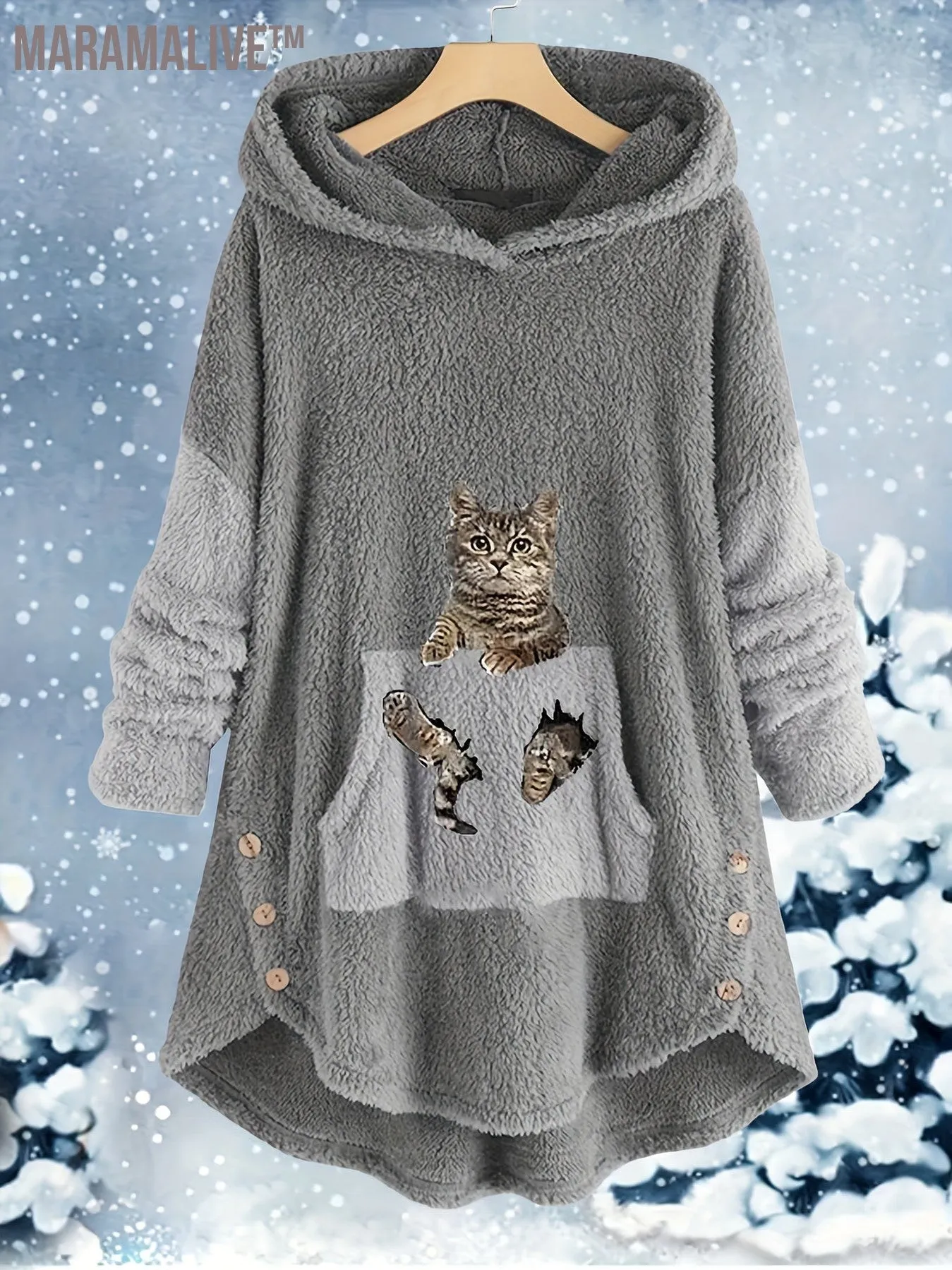 Casual Teddy Two-piece Set, Cute Cat Pattern Hooded Tops & Drawstring Warm Pants Outfits, Women's Clothing