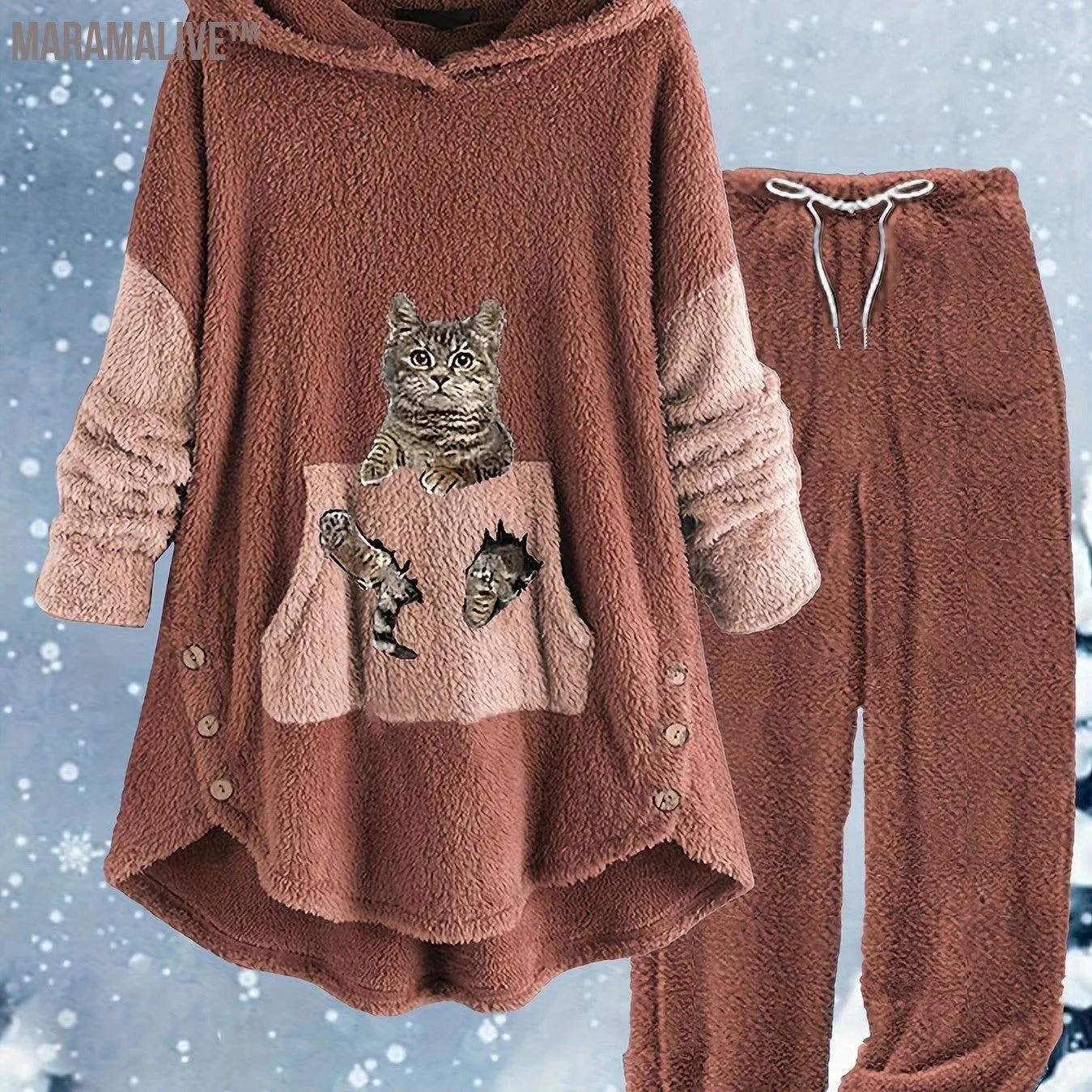 Casual Teddy Two-piece Set, Cute Cat Pattern Hooded Tops & Drawstring Warm Pants Outfits, Women's Clothing