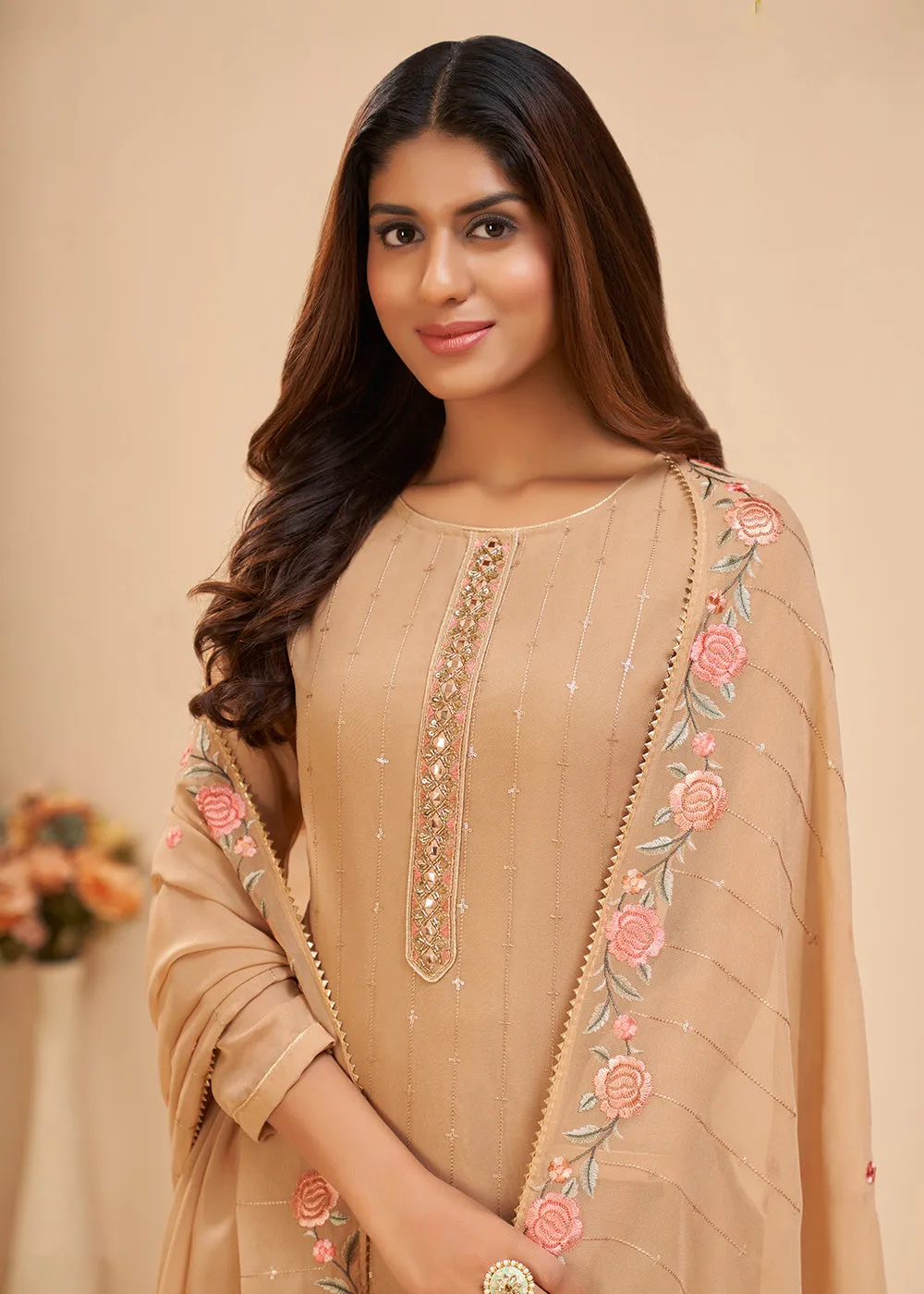 Chikoo Beige Floral Embroidered Festive Pant Style Suit