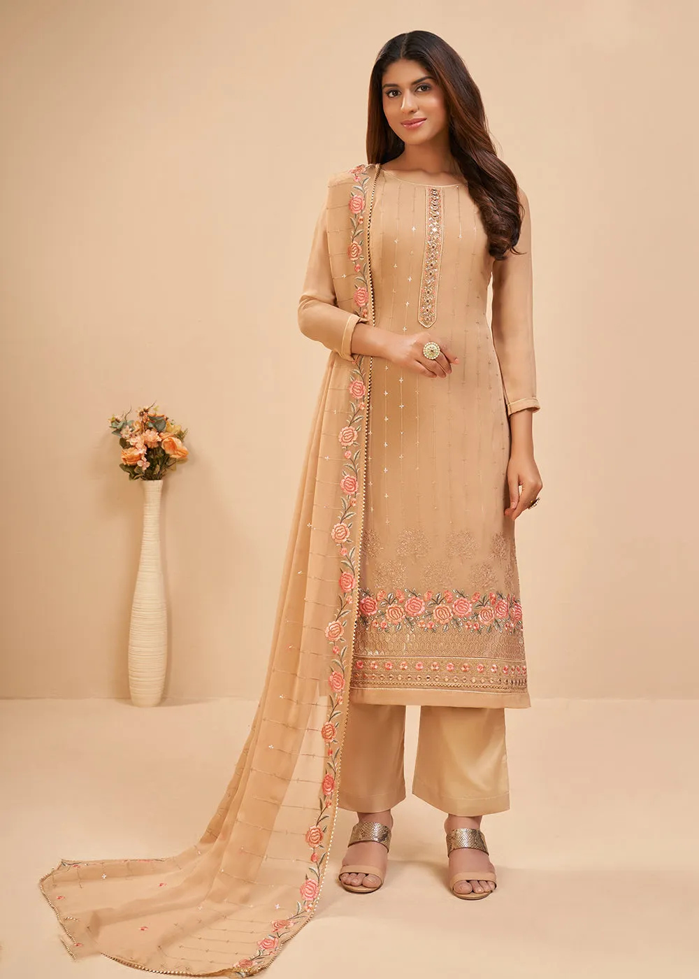 Chikoo Beige Floral Embroidered Festive Pant Style Suit