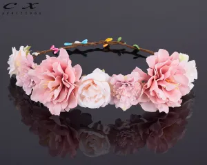 CXADDITIONS Rose Carnations Peony Flower Crown Bridal Floral Crown Hair Headband Mint Head Wreath Wedding Headpiece Bridesmaid