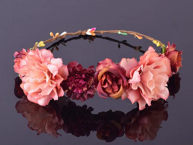 CXADDITIONS Rose Carnations Peony Flower Crown Bridal Floral Crown Hair Headband Mint Head Wreath Wedding Headpiece Bridesmaid