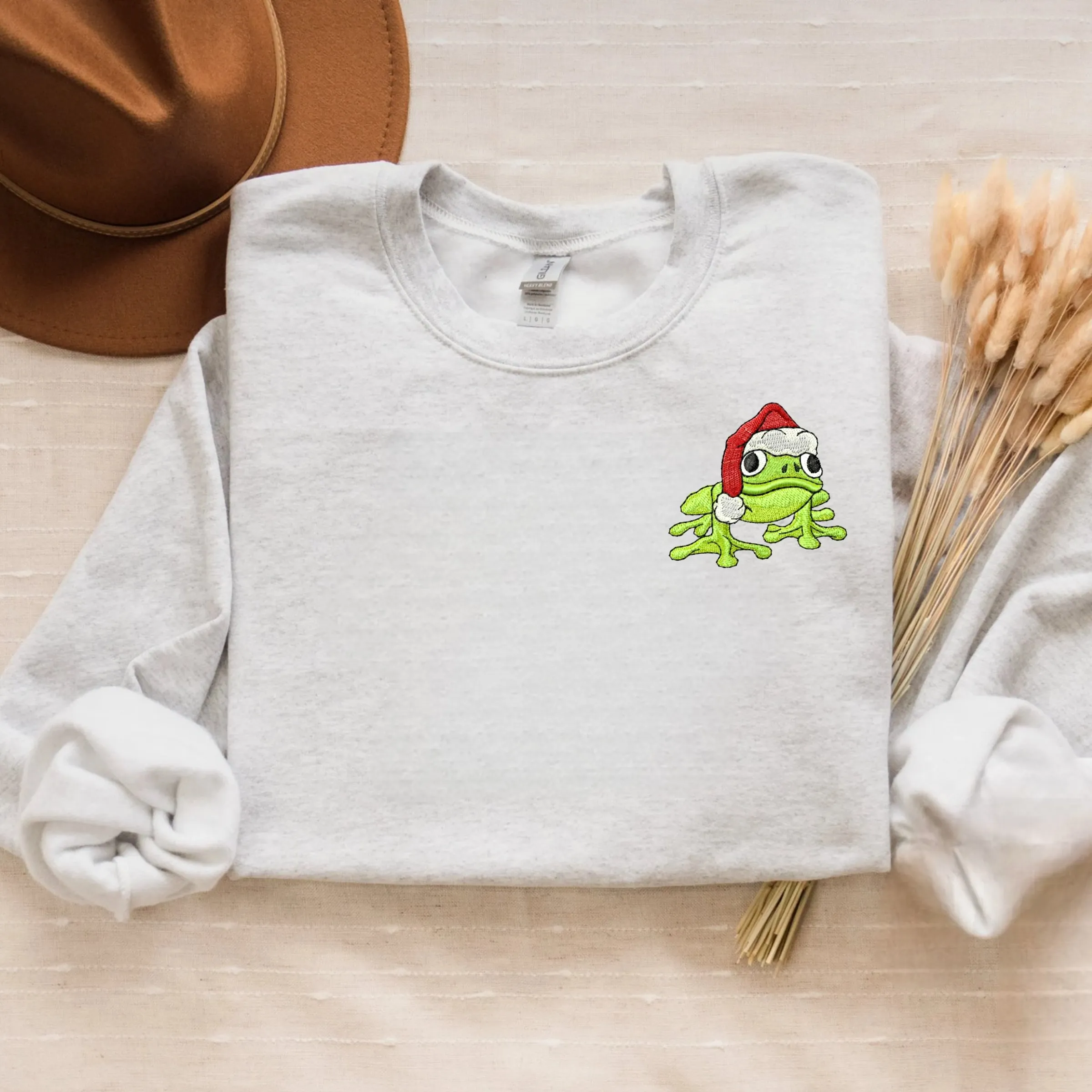 Embroidered Christmas Frog Sweatshirt, Funny Frog Santa Hat Crewneck or Hoodie