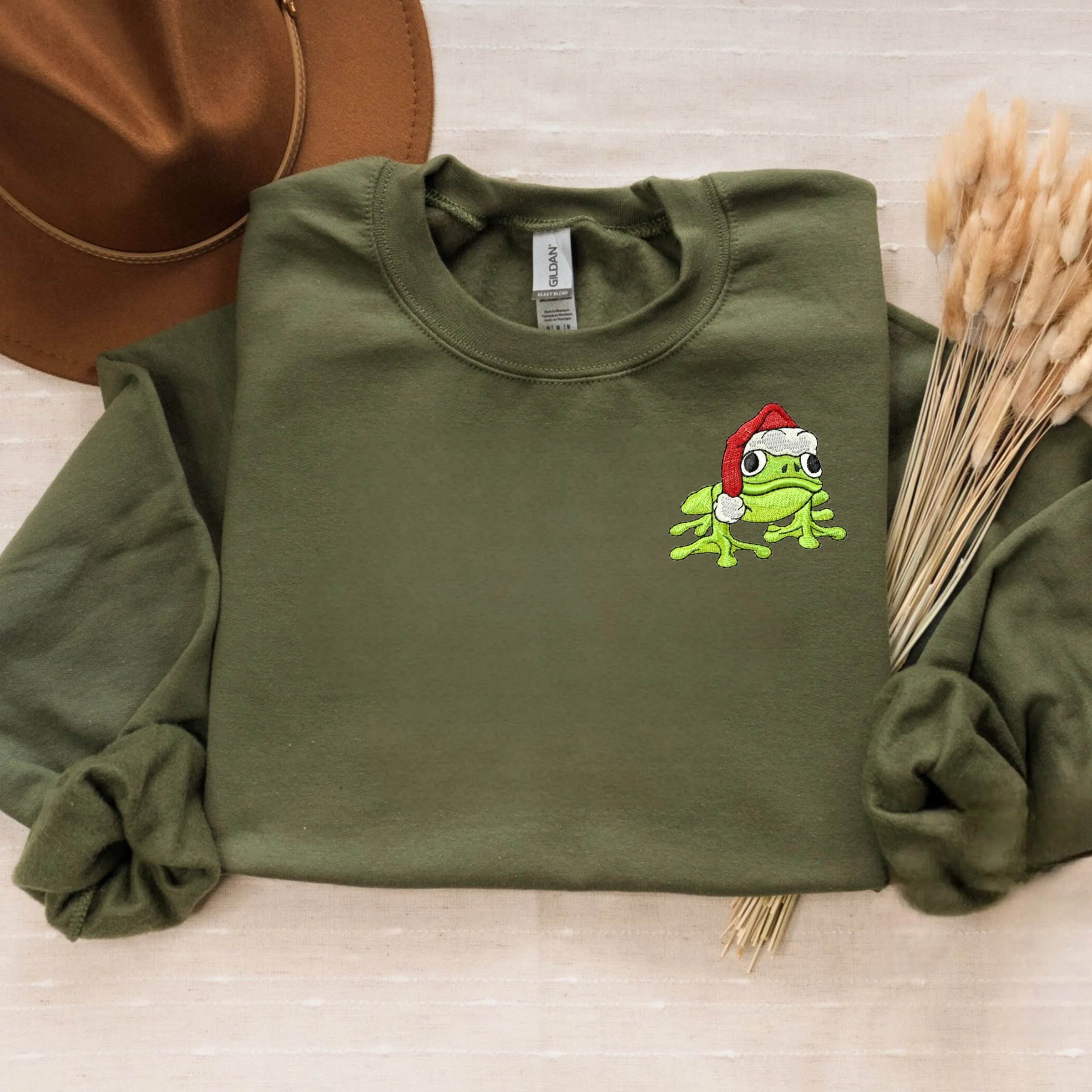 Embroidered Christmas Frog Sweatshirt, Funny Frog Santa Hat Crewneck or Hoodie