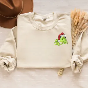 Embroidered Christmas Frog Sweatshirt, Funny Frog Santa Hat Crewneck or Hoodie