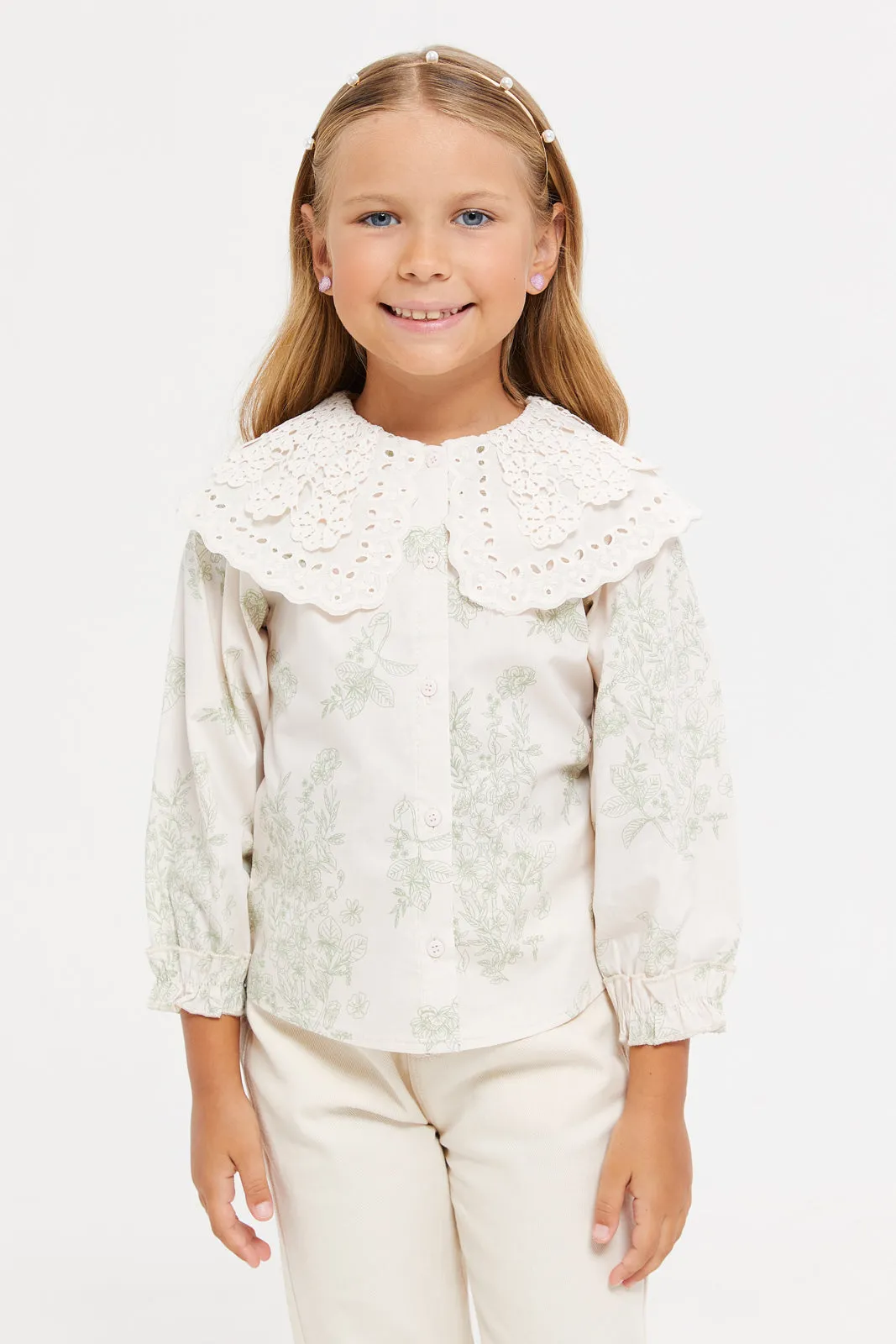 Girls Beige Printed Lace Collar Shirt