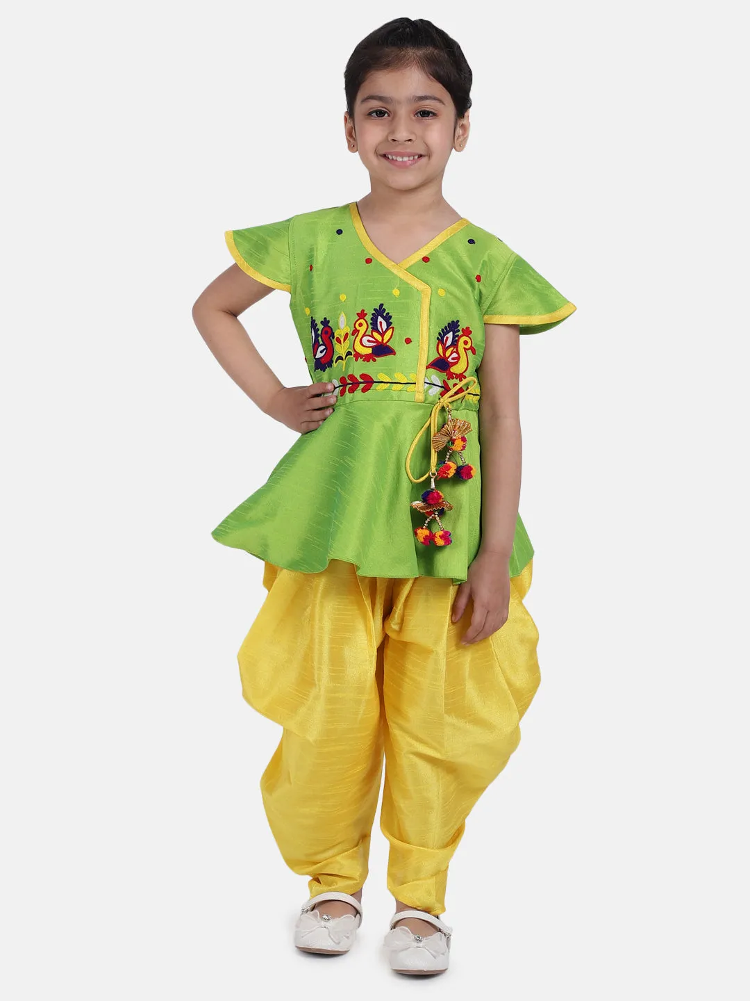 Girls Ethnic Festive wear Peacock Embroidery Peplum Dhoti Indo Western Clothing sets Green