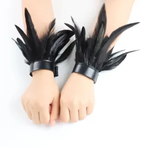 Gothic Victorian Cosplay Feather Wrist Cuffs - PU Leather Black