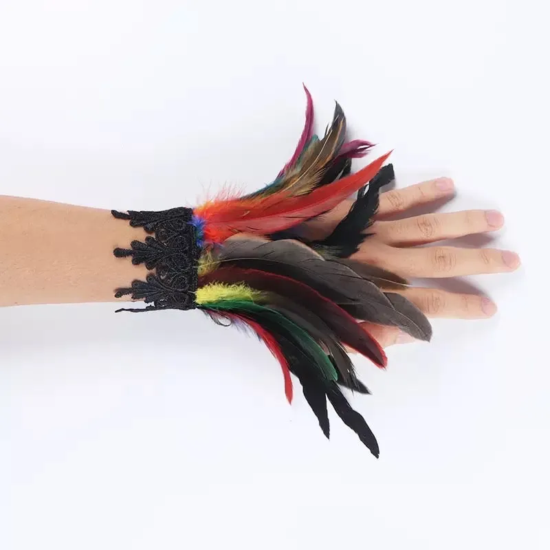 Gothic Victorian Cosplay Feather Wrist Cuffs - Rainbow