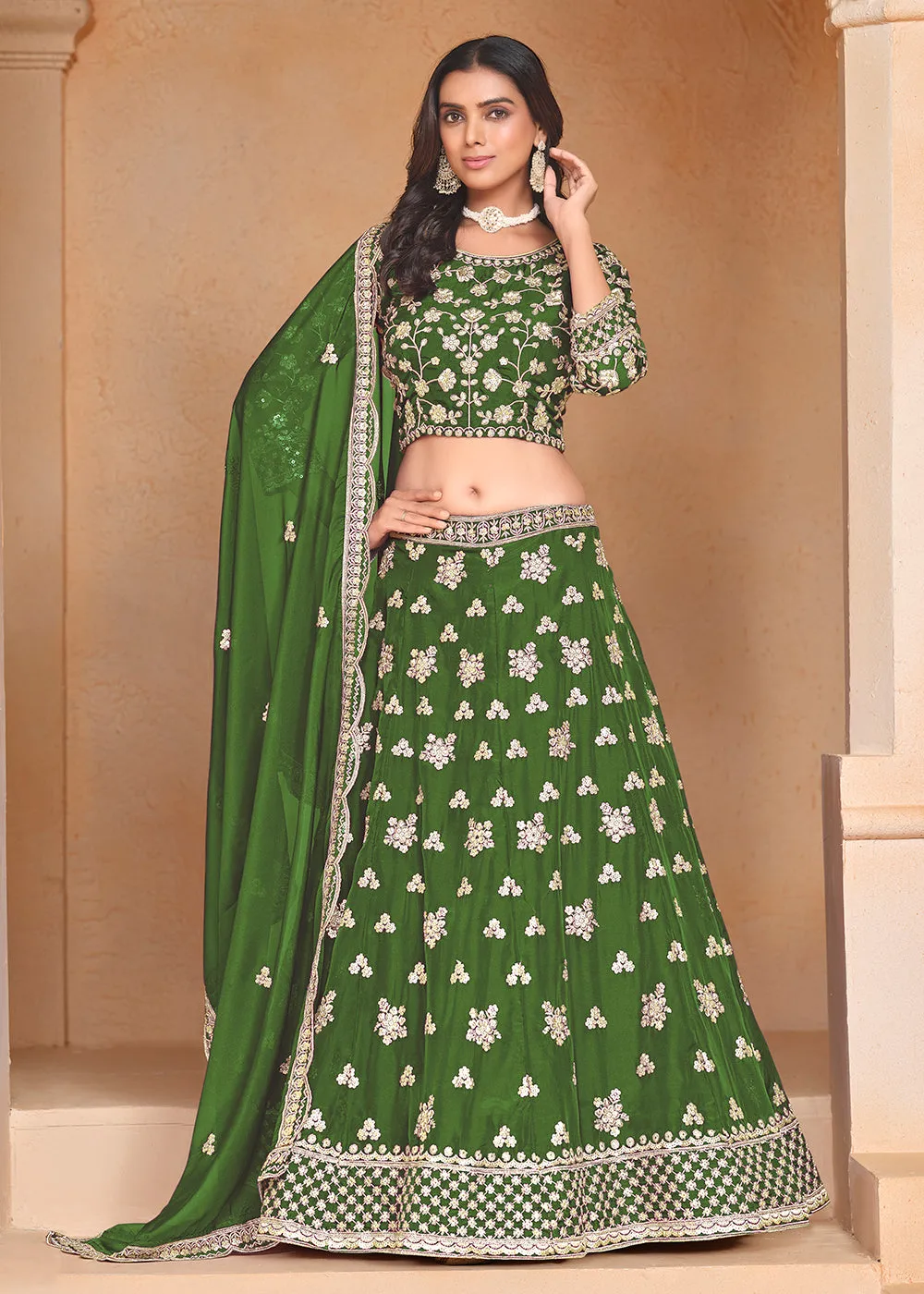 Green Organza Embroidered Festive Lehenga Choli