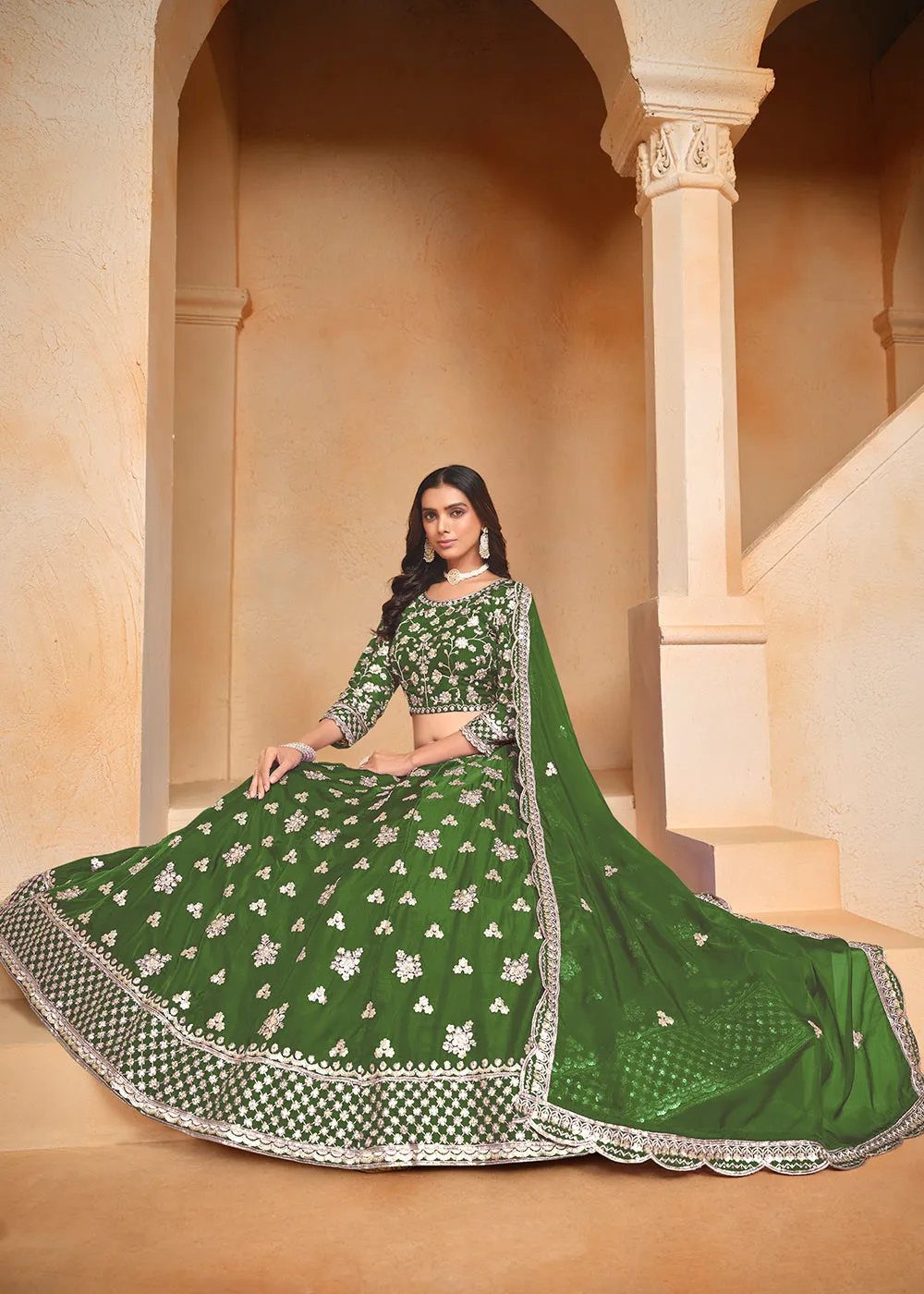 Green Organza Embroidered Festive Lehenga Choli