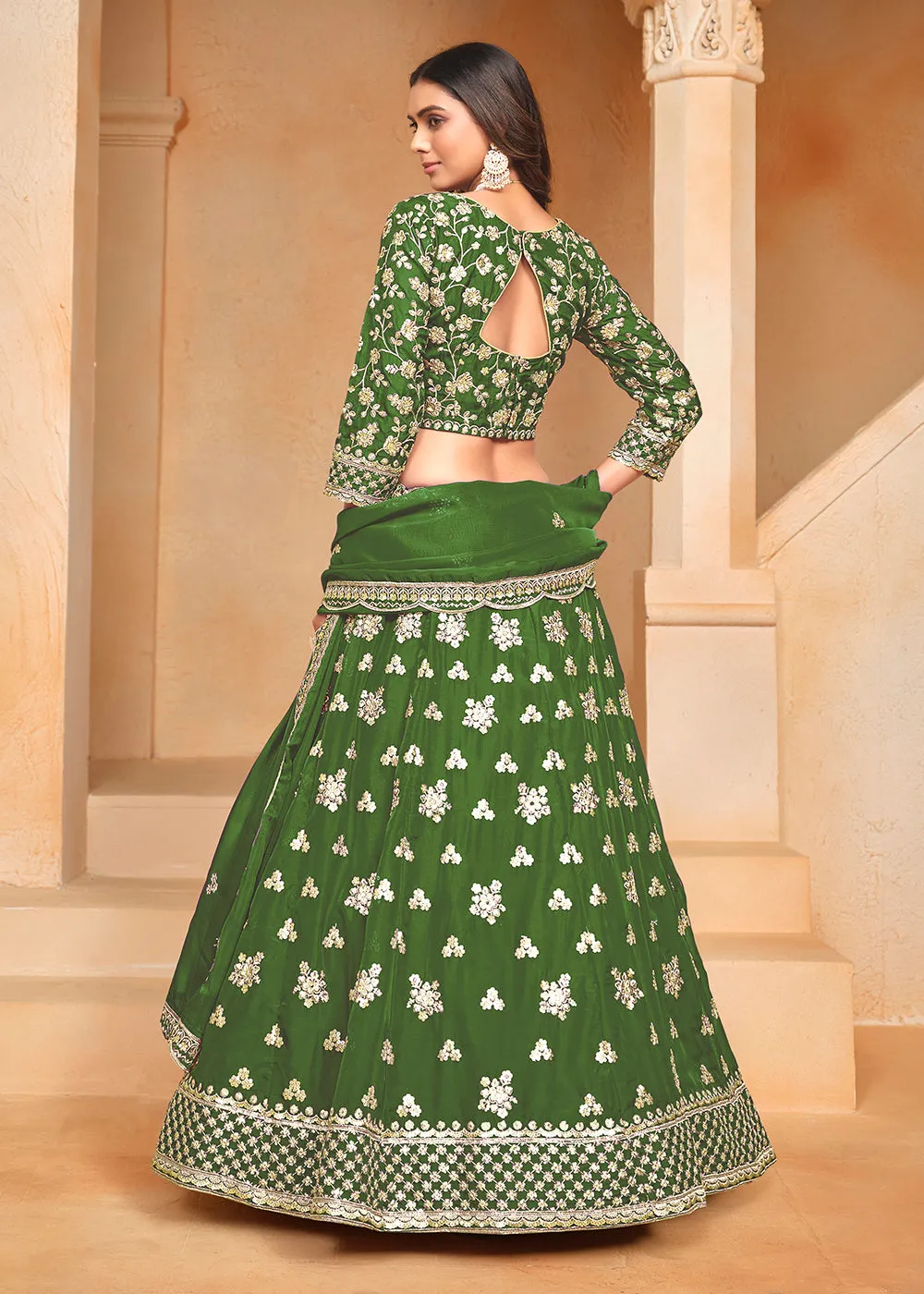 Green Organza Embroidered Festive Lehenga Choli