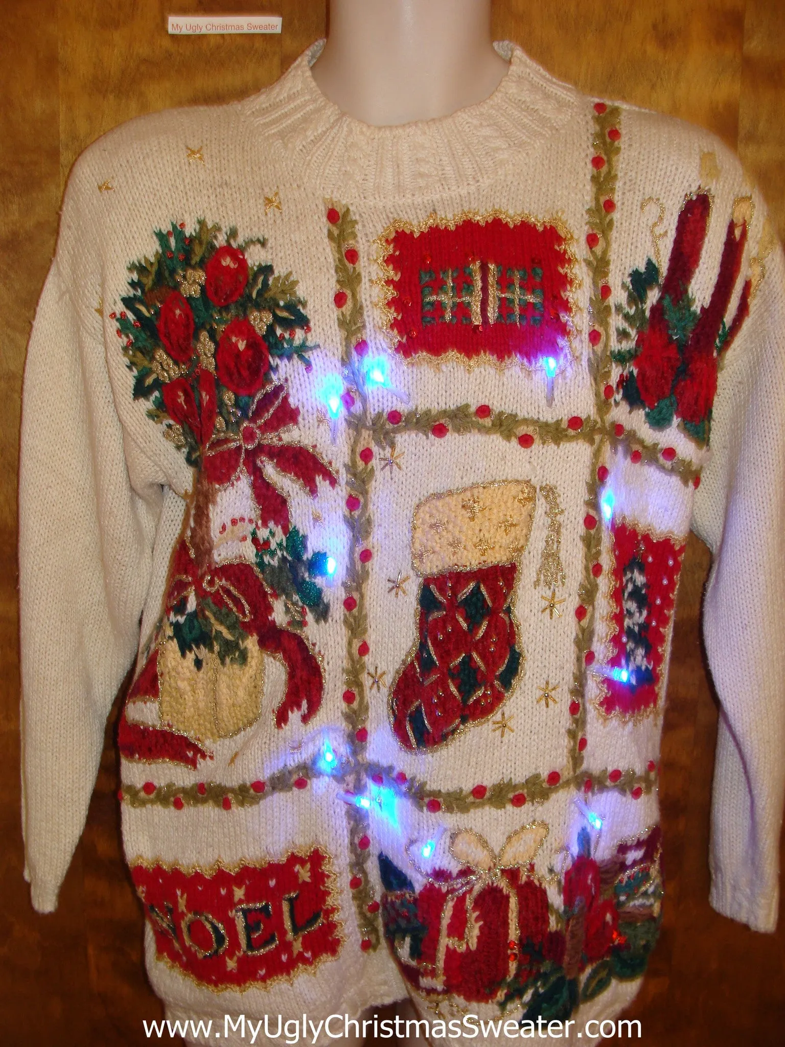 Grid of 80s Style Decorations Light Up Ugly Xmas Sweater