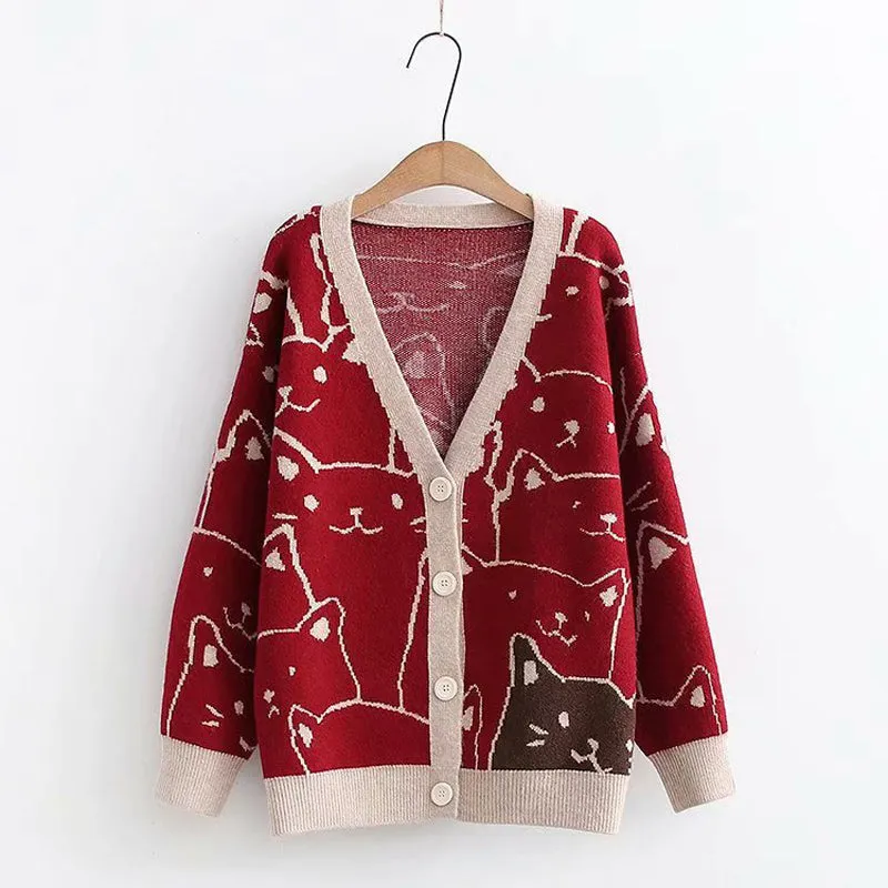 Harajuku Cartoon Cat Cardigan Sweater - Purr-fectly Adorable Fashion Statement! 😻🧥