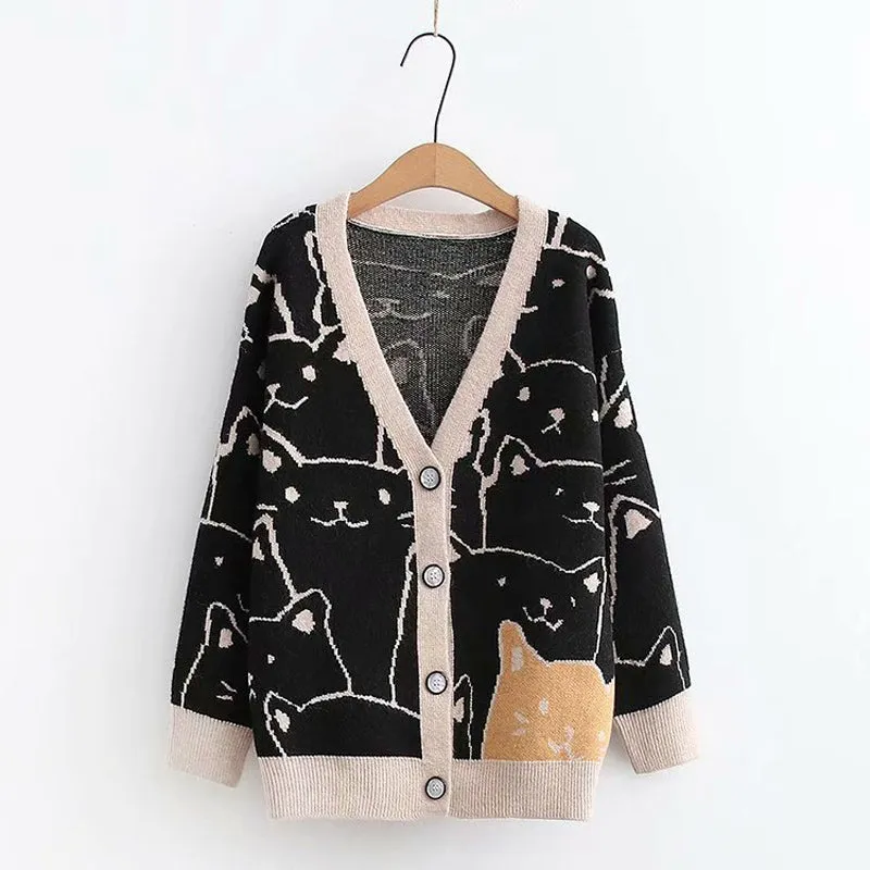 Harajuku Cartoon Cat Cardigan Sweater - Purr-fectly Adorable Fashion Statement! 😻🧥