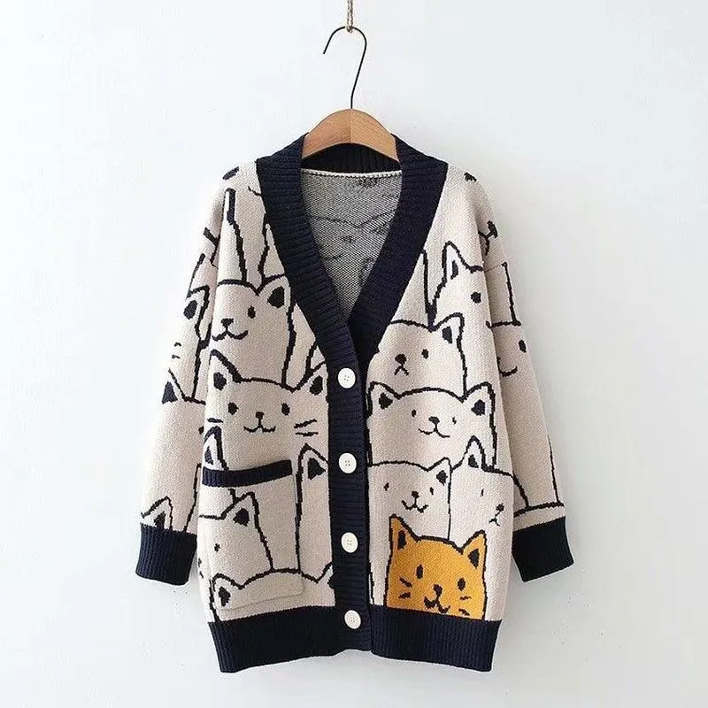 Harajuku Cartoon Cat Cardigan Sweater - Purr-fectly Adorable Fashion Statement! 😻🧥