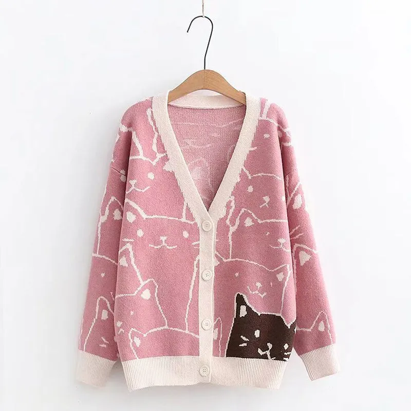 Harajuku Cartoon Cat Cardigan Sweater - Purr-fectly Adorable Fashion Statement! 😻🧥