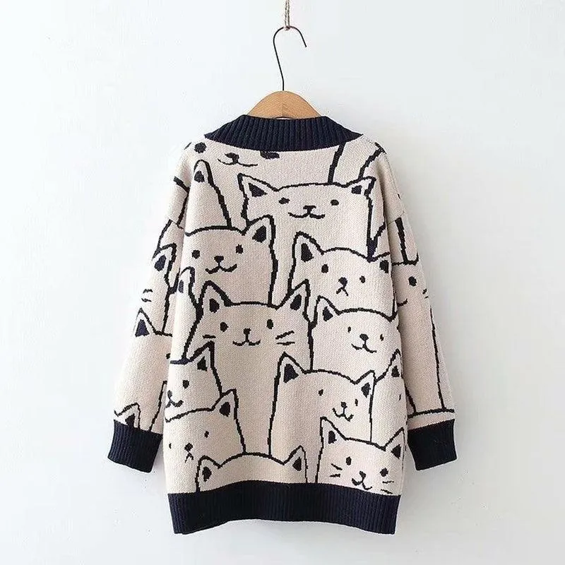 Harajuku Cartoon Cat Cardigan Sweater - Purr-fectly Adorable Fashion Statement! 😻🧥