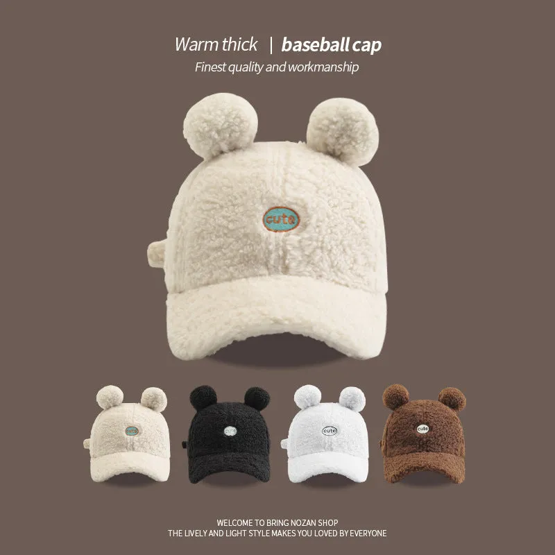 Lamb's wool baseball cap for women  cartoon cute bear ears peaked cap casual versatile warm hat for women trendy