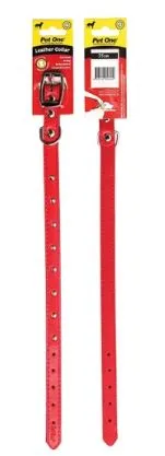 PET ONE COLLAR LEATHER SINGLE ROW STUDDED 30CM RED