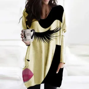 Trendy Cozy Abstract Face Print Shirt With Long Sleeves and Pockets